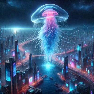 The primary subject of the image is a large, pink and blue jellyfish floating in a body of water. The setting is a futuristic cityscape, with tall buildings and a bridge visible in the background. The visual style is digital art, with the jellyfish and the cityscape depicted in a vibrant and colorful manner. The colors and mood of the image are lively and energetic, with the pink and blue jellyfish standing out against the backdrop of the futur